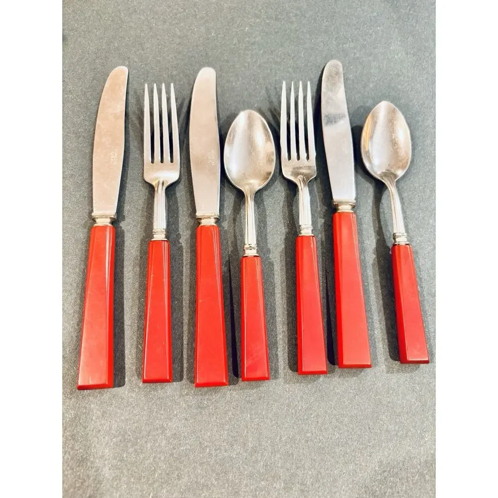 Vintage Red Bakelite Art Deco Flatware Silverware Stainless USA 7 Pcs Set
